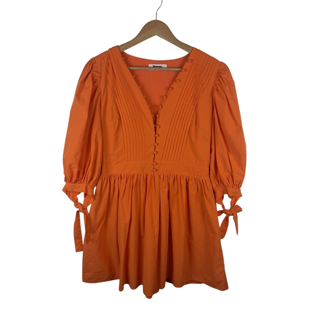 Showpo Zandra Mini Dress Size 8 Orange Puff Sleeve Cotton Poplin Vibrant Bright - Picture 3 of 15